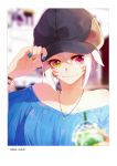  1girl bare_shoulders blurry blurry_background blurry_foreground bracelet casual close-up collarbone cup drinking_glass earrings face facial_mark final_fantasy final_fantasy_xiv hand_on_headwear hat heterochromia highres jewelry lili_mdoki looking_at_viewer miqo&#039;te nail_polish necklace off_shoulder short_hair slit_pupils smile solo white_hair 