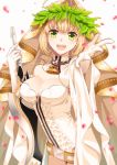  1girl :d aestus_estus ahoge artist_name bare_shoulders belt blonde_hair blush breasts bridal_veil chains cleavage collar fate/extra fate/extra_ccc fate_(series) gloves green_eyes holding holding_sword holding_weapon laurel_crown lock looking_at_viewer medium_breasts nero_claudius_(bride)_(fate) nero_claudius_(fate)_(all) open_mouth padlock padlocked_collar petals shinkusora short_hair smile solo sword veil weapon white_gloves wide_sleeves zipper 