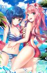  2girls aqua_eyes ass back_cutout bikini blue_hair blush breasts candy cleavage clouds darling_in_the_franxx food green_eyes hair_ornament hairband hairclip hand_on_another&#039;s_stomach highres horns ichigo_(darling_in_the_franxx) lollipop long_hair looking_at_viewer medium_breasts multiple_girls navel ocean one-piece_swimsuit patreon_username pink_hair red_horns red_swimsuit short_hair sky squchan striped striped_bikini swimsuit water_drop white_hairband zero_two_(darling_in_the_franxx) 