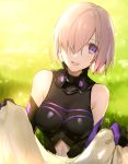  1girl :d breasts breasts_apart chiicoo day elbow_gloves fate/grand_order fate_(series) gloves hair_over_one_eye holding mash_kyrielight medium_breasts midriff navel navel_cutout open_mouth outdoors pink_hair short_hair smile solo stomach upper_body violet_eyes 