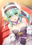  1girl bangs bare_shoulders blush detached_collar dragon_girl dragon_horns elbow_gloves eyebrows_visible_through_hair fate/grand_order fate_(series) flower frilled_kimono frills gloves green_hair grey_kimono hair_flower hair_ornament haribote horns japanese_clothes jewelry kimono kiyohime_(fate/grand_order) long_hair looking_at_viewer necklace nose_blush obi open_mouth sash smile solo stairs white_gloves yellow_eyes yellow_flower 