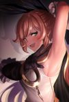  1girl :d absurdres arm_up armpits blush brown_hair cape clarisse_(granblue_fantasy) gloves granblue_fantasy green_eyes hair_ribbon highres open_mouth ponytail ribbon sleeveless smile solo ulrich_(tagaragakuin) w 