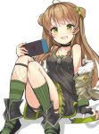  1girl :d ahoge bangs black_choker blush boots breasts brown_hair camouflage choker convenient_leg dog_tags double_bun eyebrows_visible_through_hair fingerless_gloves fur_trim girls_frontline gloves green_eyes head_tilt highres holding jacket knees_up long_hair long_sleeves looking_at_viewer nintendo_switch off_shoulder ohshit open_mouth rfb_(girls_frontline) shirt simple_background sitting skirt sleeveless sleeveless_shirt small_breasts smile socks solo white_background 