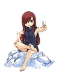  1girl bangs barefoot black_dress breasts brown_eyes dress erza_scarlet eyebrows_visible_through_hair fairy_tail full_body hair_between_eyes hand_on_own_knee long_hair mashima_hiro official_art outstretched_arm redhead short_dress sideboob simple_background sitting sketch sleeveless sleeveless_dress small_breasts smile solo swept_bangs v very_long_hair white_background 