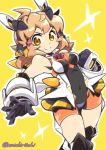  1girl bare_shoulders bodysuit breasts brown_hair clenched_hand covered_navel headgear headphones looking_at_viewer medium_breasts mutsuki_riichi orange_eyes senki_zesshou_symphogear short_hair smile solo tachibana_hibiki_(symphogear) thigh-highs twitter_username yellow_background 