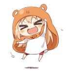  &gt;_&lt; 1girl :d barefoot blonde_hair chibi clenched_hand doma_umaru hamster_costume hamster_hood himouto!_umaru-chan hood jumping komaru long_hair namori open_mouth simple_background smile solo white_background xd 