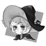  1girl berserk blush character_name closed_mouth commentary commission english_commentary eyebrows_visible_through_hair grey_background greyscale hat looking_at_viewer monochrome osiimi outline portrait schierke short_hair simple_background smile solo white_outline wing_collar witch_hat 