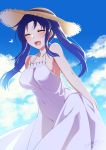  1girl :d armpits bare_shoulders blue_hair blue_sky blush breasts closed_eyes clouds cloudy_sky commentary_request covered_navel day dress facing_viewer hat heart konshin large_breasts long_hair open_mouth original outdoors sky sleeveless sleeveless_dress smile solo straw_hat white_dress 