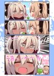  black_bow blush bow comic dango dark_skin eating fate/grand_order fate_(series) food grey_hair heart heart_eyes highres japanese_clothes kimono koha-ace majin_saber okita_souji_(fate) okita_souji_alter_(fate) pink_kimono red_scarf scarf short_hair smile suzuki_toto wagashi 