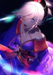  1girl black_legwear blue_eyes blue_kimono breasts chiicoo choker earrings fate/grand_order fate_(series) hair_between_eyes hair_ornament hair_over_one_eye highres holding holding_sword holding_weapon japanese_clothes jewelry katana kimono long_hair magatama_necklace medium_breasts miyamoto_musashi_(fate/grand_order) open_mouth short_hair silver_hair solo sword thigh-highs weapon 