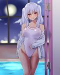  1girl absurdres blue_eyes breasts clouds cloudy_sky competition_swimsuit door highres kantai_collection kashima_(kantai_collection) large_breasts long_sleeves moon night night_sky one-piece_swimsuit pool sarfata silver_hair sky solo swimsuit twintails water wet wet_clothes wet_swimsuit white_swimsuit window 