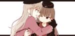  2girls bangs beret black_hat black_jacket blunt_bangs brown_eyes brown_hair closed_mouth dress_shirt eyebrows_visible_through_hair frown fud garrison_cap girls_und_panzer hand_on_another&#039;s_shoulder hat hug jacket kuromorimine_military_uniform letterboxed light_brown_eyes light_brown_hair long_hair long_sleeves looking_at_another military military_hat military_uniform multiple_girls nishizumi_shiho one_eye_closed pink_jacket red_shirt shimada_chiyo shirt smile straight_hair uniform white_background younger yuri 