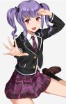  1girl :d absurdres asato_(fadeless) bang_dream! bangs black_bow black_footwear black_jacket blazer bow brown_footwear clenched_hand commentary_request fang grey_background hair_bow hand_to_forehead haneoka_school_uniform highres jacket long_sleeves necktie open_mouth outstretched_hand purple_hair purple_neckwear purple_skirt red_eyes shoes sidelocks simple_background sitting skirt smile socks solo striped_neckwear twintails udagawa_ako 