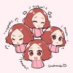  4girls :d ^_^ blush brown_eyes brown_hair chibi closed_eyes commentary_request do_m_kaeru multiple_girls multiple_persona okumura_haru open_mouth persona persona_5 pink_sweater ribbed_sweater short_hair smile sweater translated twitter_username 