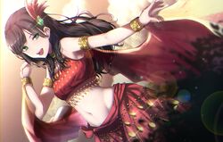  1girl :d arabian_clothes armlet bangs black_hair bracelet clenched_hand crop_top dancer dutch_angle feathers green_eyes hair_feathers inferno_phoenix jewelry komiya_arisa kurosawa_dia lens_flare long_hair love_live! love_live!_sunshine!! midriff mole mole_under_mouth navel open_mouth otsumami_(otsu-mugi) red_feathers red_skirt round_teeth seiyuu seiyuu_connection shawl skirt smile solo sparkle teeth upper_teeth 