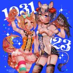  2girls animal_ears armpits bare_shoulders belt belt_collar black_shorts blue_background bow bowtie character_request chino_machiko claw_pose corset fangs garter_straps gloves green_eyes hand_up heterochromia legband looking_at_viewer multiple_girls navel open_mouth orange_eyes orange_hair paw_gloves paws purple_hair short_hair short_shorts shorts show_by_rock!! sparkle standing striped striped_legwear tail thigh-highs topknot twitter_username violet_eyes wings 
