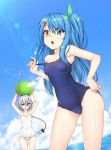  ahoge arms_up ball beachball blonde_hair blue_eyes blue_hair blue_sky blue_swimsuit bow braid breasts clouds collarbone commentary covered_navel english_commentary gluteal_fold hair_bow hair_ornament hairclip hand_on_hip healther heterochromia long_hair looking_at_viewer medium_breasts ocean one_side_up open_mouth original school_swimsuit sky swimsuit white_hair white_swimsuit 