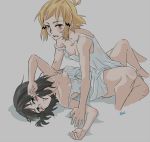  2girls artist_name between_legs black_hair blonde_hair breasts cleavage cropped_legs hickey kohinata_miku lying medium_breasts multiple_girls on_back senki_zesshou_symphogear short_hair signature sketch small_breasts stc tachibana_hibiki_(symphogear) white_background yuri 