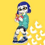  1girl bangs bike_shorts blue_hair commentary_request directional_arrow eating food hasha highres holding holding_food inkling jacket legs_together looking_to_the_side messy napkin shoes short_hair shrimp shrimp_tempura simple_background sitting skirt smile sneakers socks solo splatoon tempura tongue tongue_out yellow_eyes 