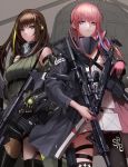  2girls aircraft ar-15 arm_guards armband armlet armor assault_rifle asymmetrical_legwear bangs bare_shoulders black_cloak black_eyes black_gloves black_hair blonde_hair boots braid breasts brown_eyes brown_hair closed_mouth clothes_around_waist detached_sleeves dress dual_wielding expressionless eyebrows_visible_through_hair floating_hair from_below gas_mask girls_frontline gloves gun hair_between_eyes hair_ornament headgear headphones helicopter holding holding_gun holding_strap holding_weapon holster jacket jacket_around_waist logo long_hair long_sleeves looking_at_viewer m4_carbine m4a1_(girls_frontline) magpul medium_breasts monaim multicolored_hair multiple_girls outdoors parted_lips personification pink_eyes pink_gloves pink_hair ponytail ribbed_legwear ribbed_sweater ribbon rifle scarf sidelocks single_thighhigh sleeveless sleeveless_turtleneck smile st_ar-15_(girls_frontline) standing strap streaked_hair sweater sweater_vest tactical_clothes thigh-highs thigh_boots thigh_holster thigh_strap thighs torn_clothes trigger_discipline turtleneck very_long_hair violet_eyes weapon weapon_case white_hair 