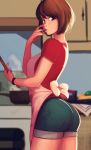  1girl apron ass breasts brown_eyes brown_hair cabinet carlos_eduardo chocolate commentary denim denim_shorts finger_in_mouth highres kitchen looking_at_viewer looking_to_the_side medium_breasts original short_hair shorts solo stove thighs wooden_spoon 