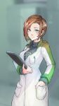  1girl absurdres blue_eyes brown_hair commentary english_commentary hand_in_pocket highres long_sleeves looking_at_viewer moira_vahlen pen_in_pocket short_hair tablet turtleneck x-com yosinoya901 