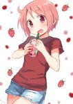  1girl :d bangs blush bob_cut cowboy_shot cup denim denim_shorts disposable_cup drinking_straw eyebrows_visible_through_hair food frappuccino fruit happy head_tilt holding holding_cup looking_at_viewer nonohara_yuzuko open_mouth pink_eyes pink_hair red_shirt shirt short_hair shorts sidelocks simple_background sketch smile solo strawberry tatsunokosso white_background yuyushiki 
