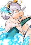  1girl fate/grand_order fate_(series) fire foreshortening frills highres kiyohime_(fate/grand_order) kiyohime_(swimsuit_lancer)_(fate) kofunami_nana long_hair polearm ponytail red_eyes silver_hair solo spear swimsuit weapon 