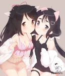  2girls animal_ears bare_shoulders black_eyes black_hair blush bow breasts brown_eyes cleavage forehead hair_bow hair_ornament hair_ribbon long_hair looking_at_viewer medium_breasts multiple_girls original ponytail proofmeh ribbon sitting skirt small_breasts smile twintails 