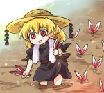  1girl :d animal_ears black_dress blonde_hair blush_stickers dress hat junko_(touhou) lowres open_mouth pote_(ptkan) puffy_short_sleeves puffy_sleeves red_eyes rice_paddy short_sleeves smile solo sun_hat touhou towel towel_around_neck wading 