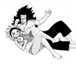  1boy 1girl :d bare_shoulders bikini black_hair black_pants book breasts cleavage fairy_tail gajeel_redfox greyscale headband holding jewelry legs_crossed levy_mcgarden long_hair lying mashima_hiro monochrome navel necklace official_art on_back open_book open_mouth pants simple_background sketch small_breasts smile striped striped_bikini swimsuit very_long_hair white_background 