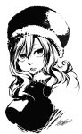  1girl bangs fairy_tail fur_trim greyscale hair_between_eyes hat juvia_lockser long_hair mashima_hiro monochrome official_art parted_lips signature sketch solo upper_body winter_clothes 