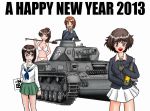  2013 4girls akiyama_yukari bikini brown_eyes brown_hair girls_und_panzer glasses ground_vehicle happy_new_year kawashima_momo koyama_yuzu military military_vehicle motor_vehicle multiple_girls new_year nishizumi_miho ooarai_military_uniform ooarai_school_uniform panzerkampfwagen_iv ponytail same_hiroshi short_hair smile swimsuit tank tank_shell translated white_background 