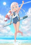  1girl :o arm_up armpits barefoot beach blonde_hair blue_eyes clouds covered_navel day flower full_body gurande_(g-size) hair_flower hair_ornament highres kantai_collection lens_flare lifebuoy long_hair looking_at_viewer ocean one-piece_swimsuit open_mouth outdoors raised_fist ro-500_(kantai_collection) school_swimsuit sky smile solo standing standing_on_one_leg sun swimsuit tan tanline torpedo water wet 