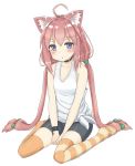  1girl ahoge animal_ears bike_shorts blue_eyes cat_ears choker hair_bobbles hair_ornament highres hinata_channel jd_(bibirijd) long_hair low_twintails mismatched_legwear nekomiya_hinata orange_legwear pink_hair shorts sitting solo striped striped_legwear thigh-highs twintails vest white_vest wristband 