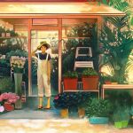  1girl blue_shirt brown_eyes brown_hair closed_mouth commentary_request flower gemi hat looking_at_viewer original overalls plant pot potted_plant sandals shirt short_hair short_sleeves smile solo standing yellow_hat 
