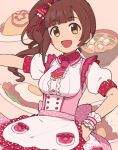  1girl :d apron bow bowl brown_eyes brown_hair collar collared_dress commentary costume_request dress eyebrows_visible_through_hair food frilled_apron frilled_collar frilled_neckwear frills gomi_(kaiwaresan44) hair_bow hair_ribbon hand_on_hip idolmaster idolmaster_cinderella_girls igarashi_kyouko large_bow maid_apron necktie open_mouth pink_apron pink_bow pink_dress pink_neckwear polka_dot polka_dot_dress puffy_sleeves red_bow ribbon short_dress side_ponytail smile solo soup standing upper_body wristband 