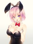  1girl animal_ears bangs bare_shoulders black_leotard blush bow bowtie breasts bunny_girl bunnysuit cleavage collarbone commentary detached_collar eyebrows_visible_through_hair eyes_visible_through_hair fake_animal_ears fate/grand_order fate_(series) hair_over_one_eye highres large_breasts lavender_hair leotard looking_at_viewer mash_kyrielight mellozzo open_mouth rabbit_ears red_neckwear short_hair simple_background smile solo strapless strapless_leotard violet_eyes white_background wrist_cuffs 