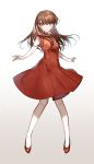  1girl bangs brown_eyes brown_hair chiicoo dress eyebrows_visible_through_hair floating_hair full_body gradient gradient_background hair_between_eyes highres long_hair original outstretched_arms parted_lips pumps red_dress red_footwear sleeveless sleeveless_dress solo standing 