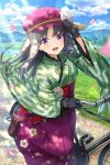  1girl adjusting_clothes adjusting_hat alternative_girls bangs bicycle black_gloves brown_footwear clouds cloudy_sky day floral_print flower gloves green_kimono grey_hair ground_vehicle hakama hat highres japanese_clothes kimono long_hair long_sleeves looking_at_viewer meiji_schoolgirl_uniform official_art open_mouth outdoors pink_hakama pink_hat pink_petals road sky smile violet_eyes white_flower wide_sleeves yagasuri 