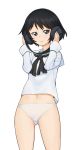 1girl bangs black_eyes black_hair black_neckwear blouse closed_mouth cowboy_shot crotch_seam eyebrows_visible_through_hair girls_und_panzer gluteal_fold hands_on_headphones headphones highres long_sleeves looking_at_viewer navel neckerchief no_pants onsen_tamago_(hs_egg) ooarai_school_uniform panties school_uniform serafuku short_hair simple_background smile solo standing underwear utsugi_yuuki white_background white_blouse white_panties 