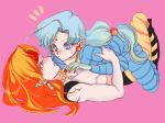  2boys androgynous bishoujo_senshi_sailor_moon blonde_hair blue_eyes blue_hair blush bodysuit earrings fish_eye_(sailor_moon) headband jewelry long_hair low-tied_long_hair lying lying_on_person male_focus multiple_boys necklace nora_kokoko on_back orange_hair pearl_necklace pink_background pointy_ears profile simple_background tigers_eye yaoi 