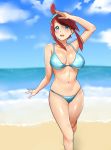 1girl :d beach bikini blue_bikini blue_eyes breasts day fuuro_(pokemon) hand_up highres large_breasts looking_at_viewer ocean open_mouth outdoors pokemon pokemon_(game) pokemon_bw redhead shading_face smile solo standing swimsuit wet 