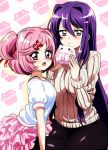  2girls breasts cupcake doki_doki_literature_club fang food hair_between_eyes hair_ornament hair_ribbon hairclip height_difference large_breasts long_hair looking_at_viewer multiple_girls natsuki_(doki_doki_literature_club) peachmaiden pink_hair pink_skirt purple_hair red_ribbon ribbed_sweater ribbon short_hair skirt sweater two_side_up very_long_hair violet_eyes white_sweater yuri_(doki_doki_literature_club) 