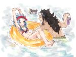  1boy 1girl ;d armpits arms_up barefoot bikini black_hair blue_hair breasts brown_eyes cleavage fairy_tail full_body gajeel_redfox goggles goggles_on_head grin holding innertube legs_crossed levy_mcgarden long_hair lying navel on_back one_eye_closed open_mouth outdoors pantherlily red_bikini rusky sideboob small_breasts smile striped striped_bikini swimsuit water wet 