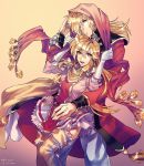  1boy 1girl absurdres blonde_hair brother_and_sister brown_eyes dress eltoshan_(fire_emblem) european_clothes fire_emblem fire_emblem:_seisen_no_keifu gloves highres lachesis_(fire_emblem) long_hair looking_at_viewer scarf siblings skirt smile thigh-highs 