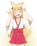  1girl animal_ears blonde_hair blush breasts closed_eyes eyebrows eyebrows_visible_through_hair flat_chest fox_ears fox_tail hair_ornament hand_gesture hand_up japanese_clothes kimono long_hair open_mouth oshiro_project oshiro_project_re ribbon senko_(oshiro_project) simple_background skirt small_breasts smile solo standing tail teeth thigh-highs torii upper_teeth very_long_hair 
