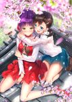  2girls arm_at_side blue_eyes blue_skirt blush bow breasts brown_hair choker commentary_request dress full_body gegege_no_kitarou hair_bow hair_ornament hairclip highres holding_arm inuyama_mana long_sleeves looking_at_viewer multiple_girls nekomusume_(gegege_no_kitarou_6) open_mouth pointy_ears purple_hair red_bow red_choker red_dress shirt short_hair sitting skirt standing swordsouls white_shirt yellow_eyes 