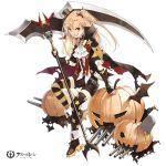  1girl arm_support asymmetrical_clothes asymmetrical_legwear azur_lane bangs bat_wings belt belt_buckle black_cape black_footwear black_gloves black_hat black_legwear black_shorts black_wings blonde_hair bow bowtie brown_belt buckle cape cleats cleveland_(azur_lane) crack cravat demon_horns elbow_gloves eyebrows eyelashes fang fingerless_gloves full_body gloves hair_between_eyes hair_intakes halloween halloween_costume hao_(patinnko) hat hat_ornament holding holding_scythe holding_weapon horizontal-striped_legwear horizontal_stripes horns jack-o&#039;-lantern long_hair mini_hat mini_top_hat multicolored multicolored_clothes multicolored_legwear official_art one_side_up open_mouth platform_footwear pointy_ears popped_collar pumpkin pumpkin_juice red_eyes scythe shirt shoelaces shoes shorts simple_background skull solo star star_print straight_hair striped striped_legwear tachi-e teeth thigh-highs tombstone tongue top_hat torn_cape torn_clothes torn_gloves torn_sleeves tsurime turret turtleneck weapon white_background white_neckwear wings yellow_bow yellow_legwear yellow_neckwear zettai_ryouiki 