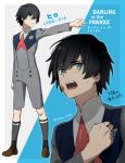  1boy bangs black_hair blood blood_on_face blue_eyes brown_footwear commentary_request darling_in_the_franxx eyebrows_visible_through_hair hand_on_own_chest highres hiro_(darling_in_the_franxx) long_sleeves male_focus military military_uniform multiple_views necktie open_mouth red_neckwear shoes short_hair signature socks solo toma_(norishio) uniform 